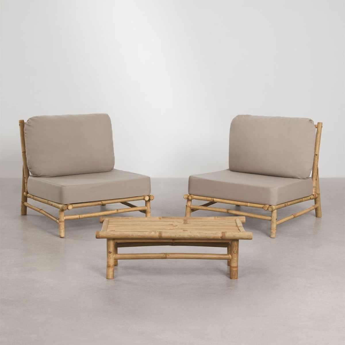 BAMBOO set, 2 armchairs and a side table, mocha brown