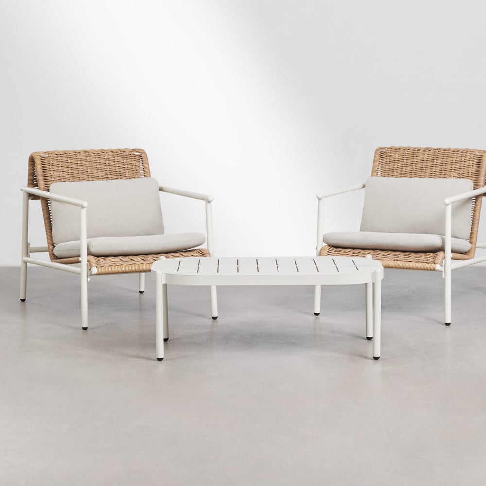 RATTAN outdoor set, armchairs and table, white