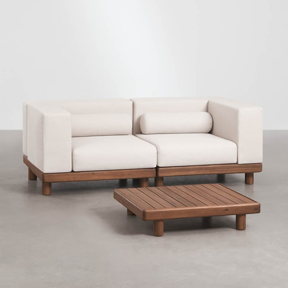 KORKO two-seater outdoor sofa with corner sections and table, acacia