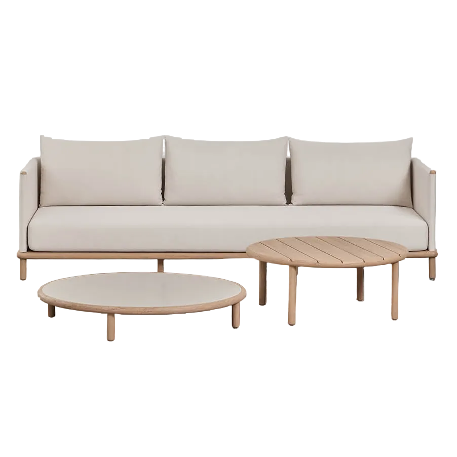Komplektas AKORAS, sofa ir staliukai, balta+šviesiai rudas
