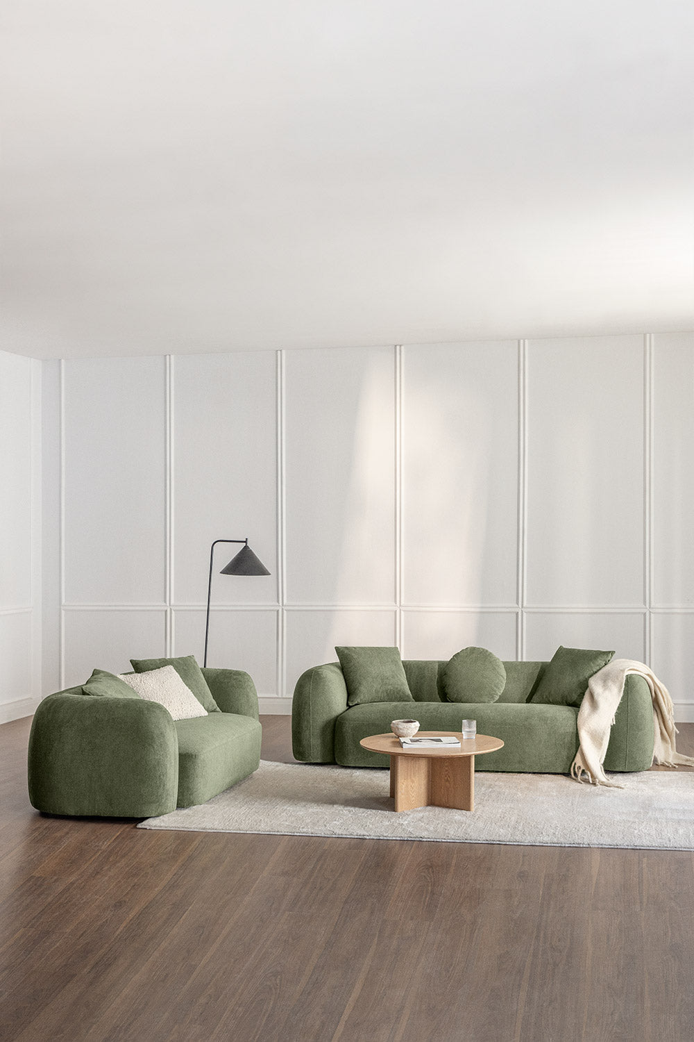 Komplektas KOKONA, šalavijo žalios spalvos šenilas, 3+2 sofos