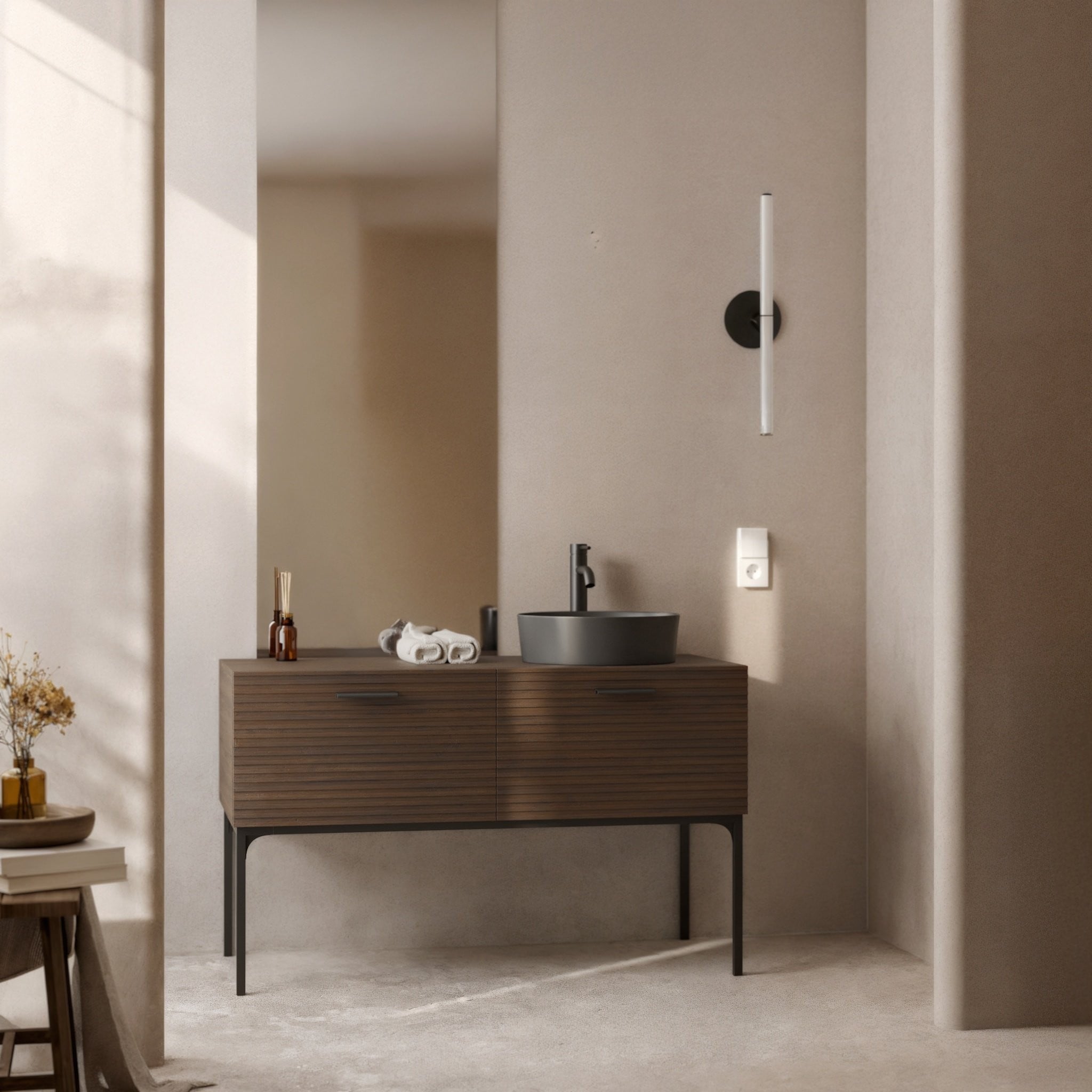 Bathroom furniture set LA SABLES, walnut/black, 120 cm