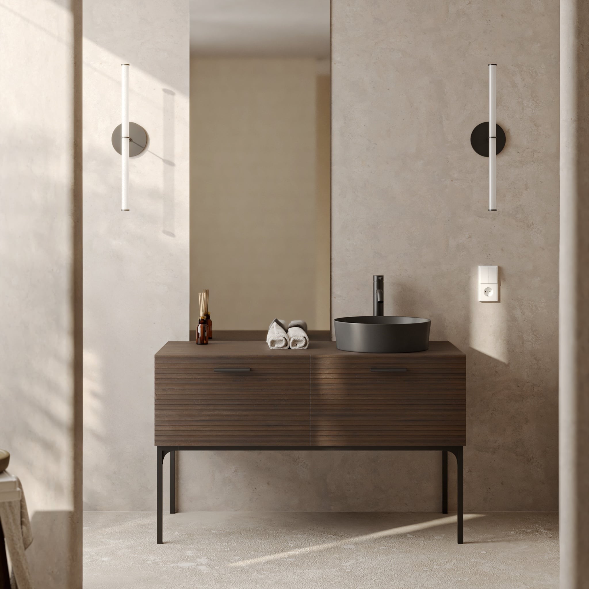 Bathroom furniture set LA SABLES, walnut/black, 120 cm