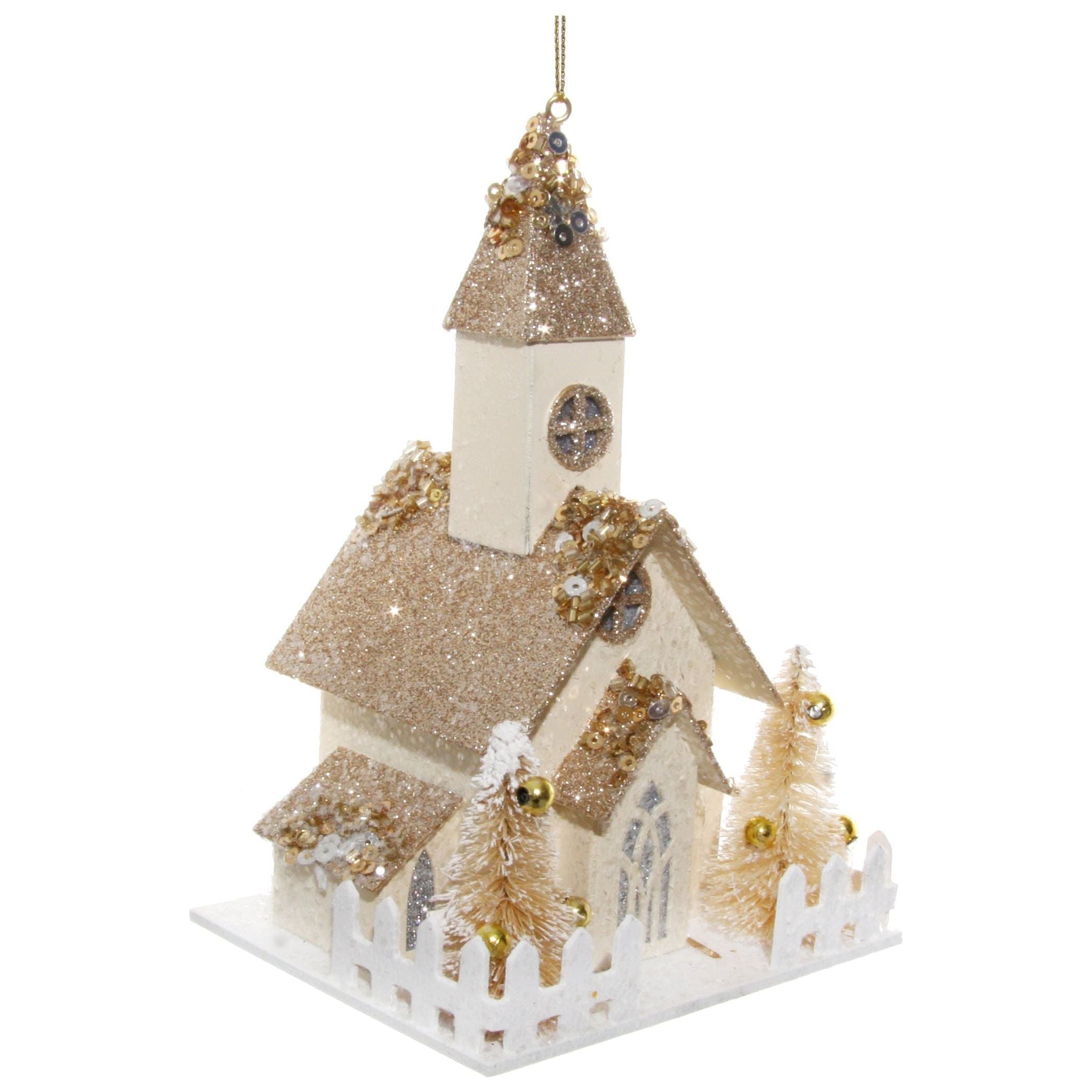 Bažnyčia, eglutės žaisliukas, baltas-auksas 16cm