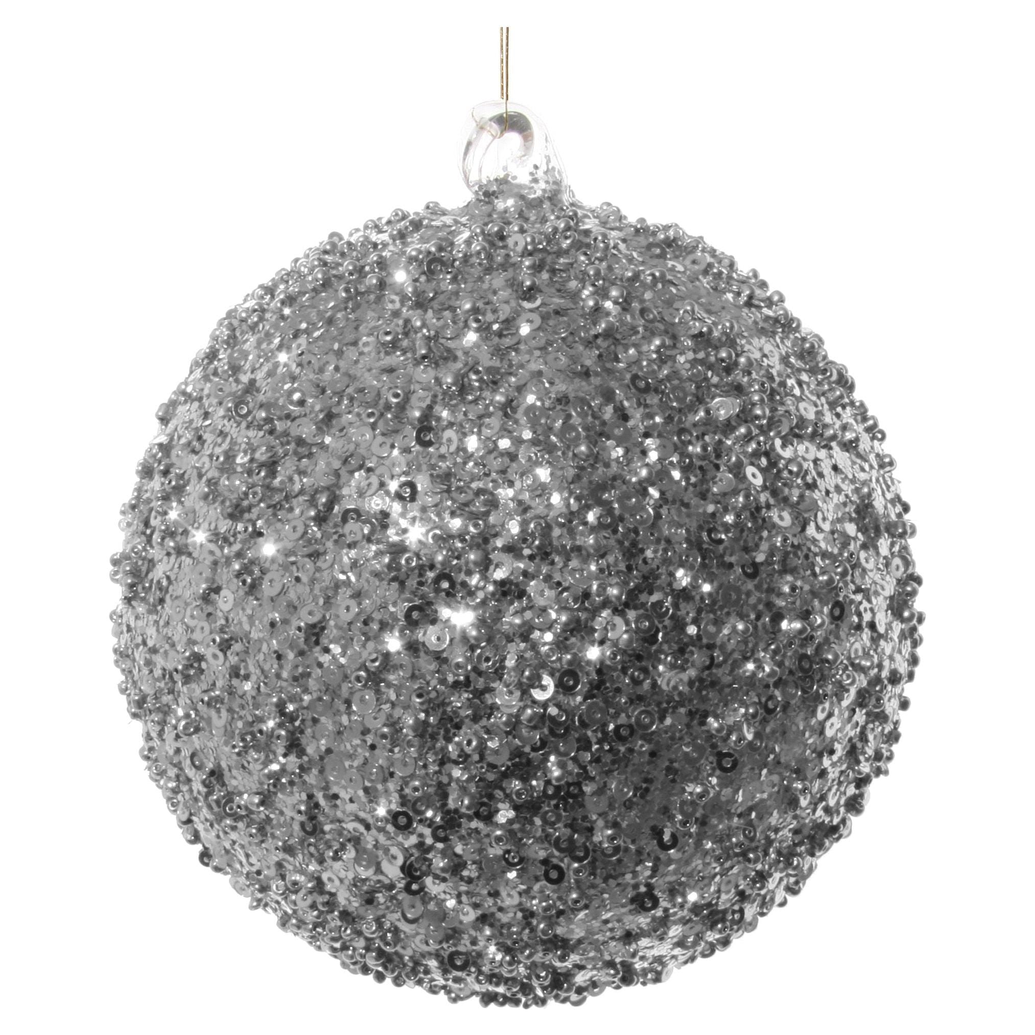 Kalėdinis žaisliukas bumbulas su karoliukais, sidabrinė spalva, 12 cm