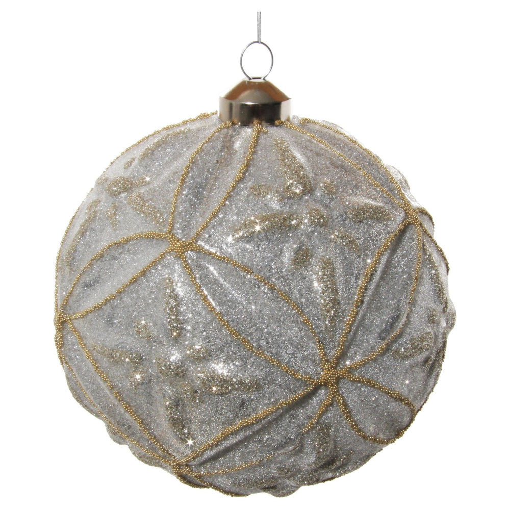 Kalėdinis žaisliukas gėlėtas burbulas su karoliukais, sidabrinė/auksinė spalva, 12 cm