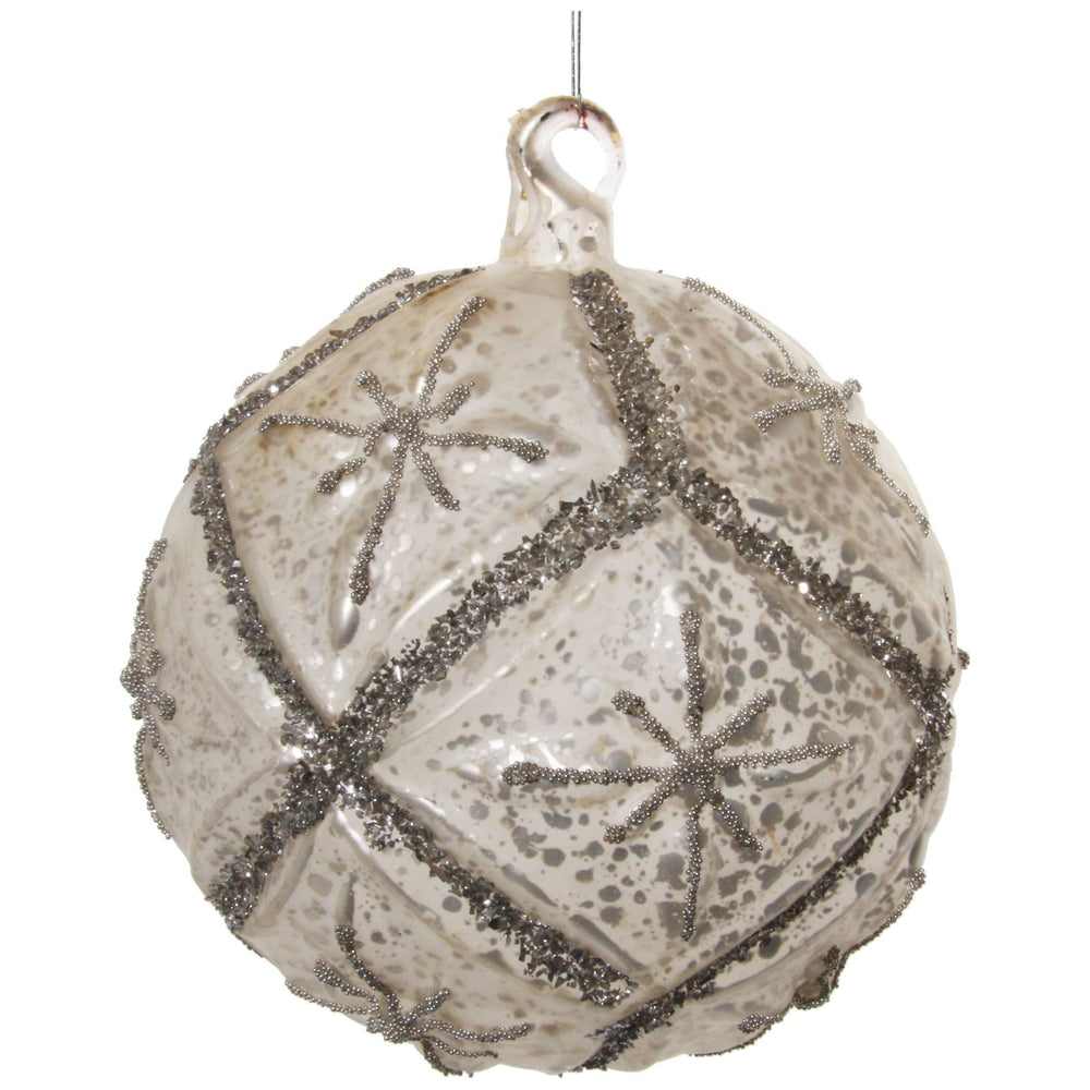 Kalėdinis žaisliukas bumbulas su pilkais blizgučiais, matinis, 12 cm