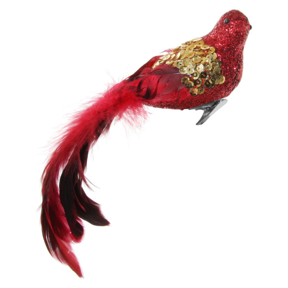 Kalėdinis žaisliukas paukštis su spaustuku, raudona/auksinė spalva, 22 cm