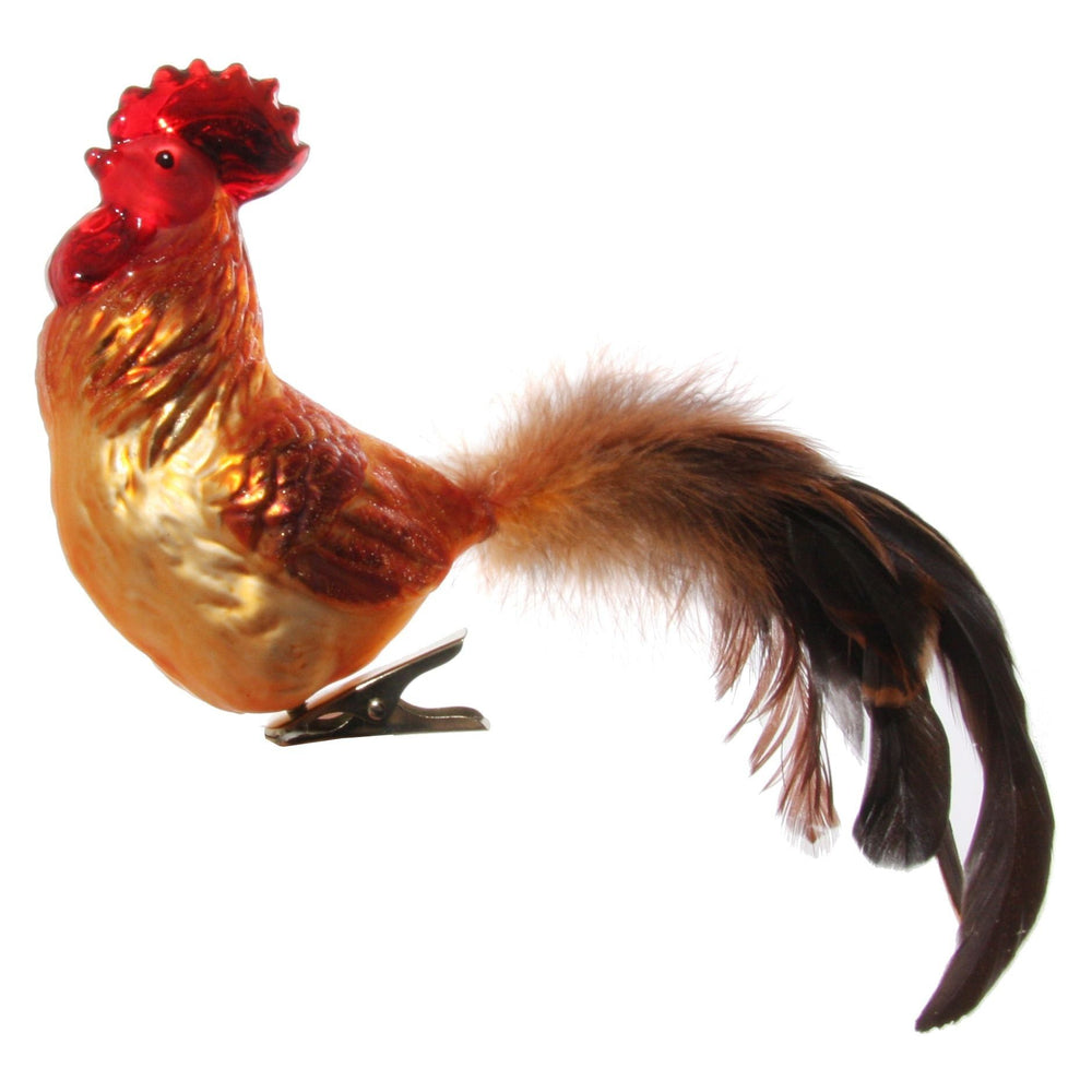 Kalėdinis žaisliukas gaidys su plunksnomis, oranžinė/ruda spalva, 20 cm