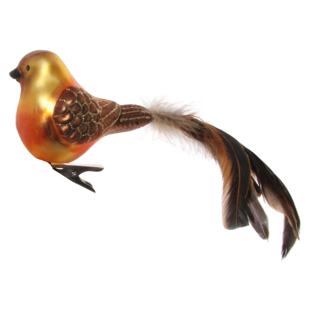 Kalėdinis žaisliukas paukštis su plunksnų uodega, ruda/oranžinė spalva, 20 cm