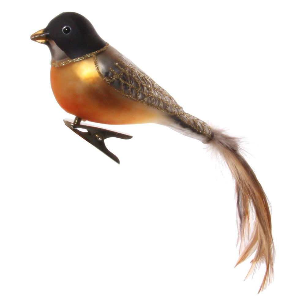 Kalėdinis žaisliukas paukštis su plunksnomis, su spaustuku, juoda/oranžinė spalva, 20 cm