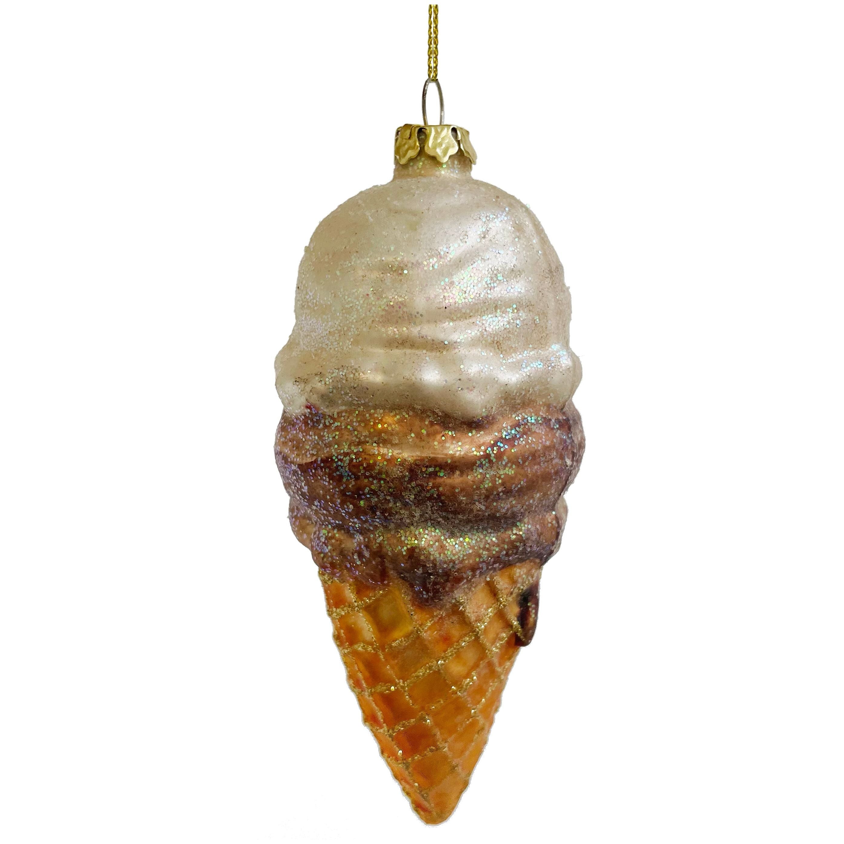 Glass Christmas tree bauble ice cream, brown, white 11 cm