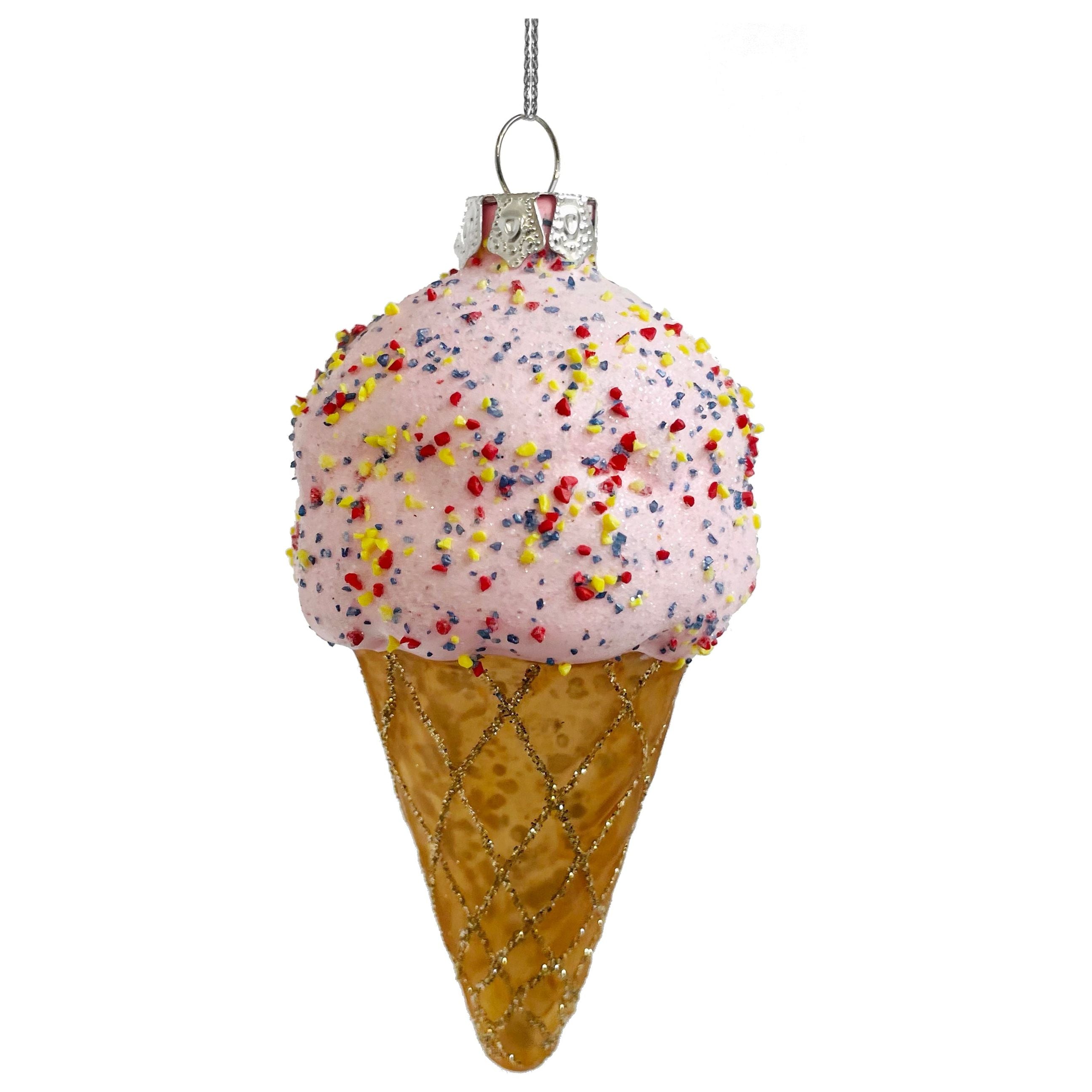 Stiklinis eglutės žaisliukas ledai, rožiniai su pabarstukais 12 cm