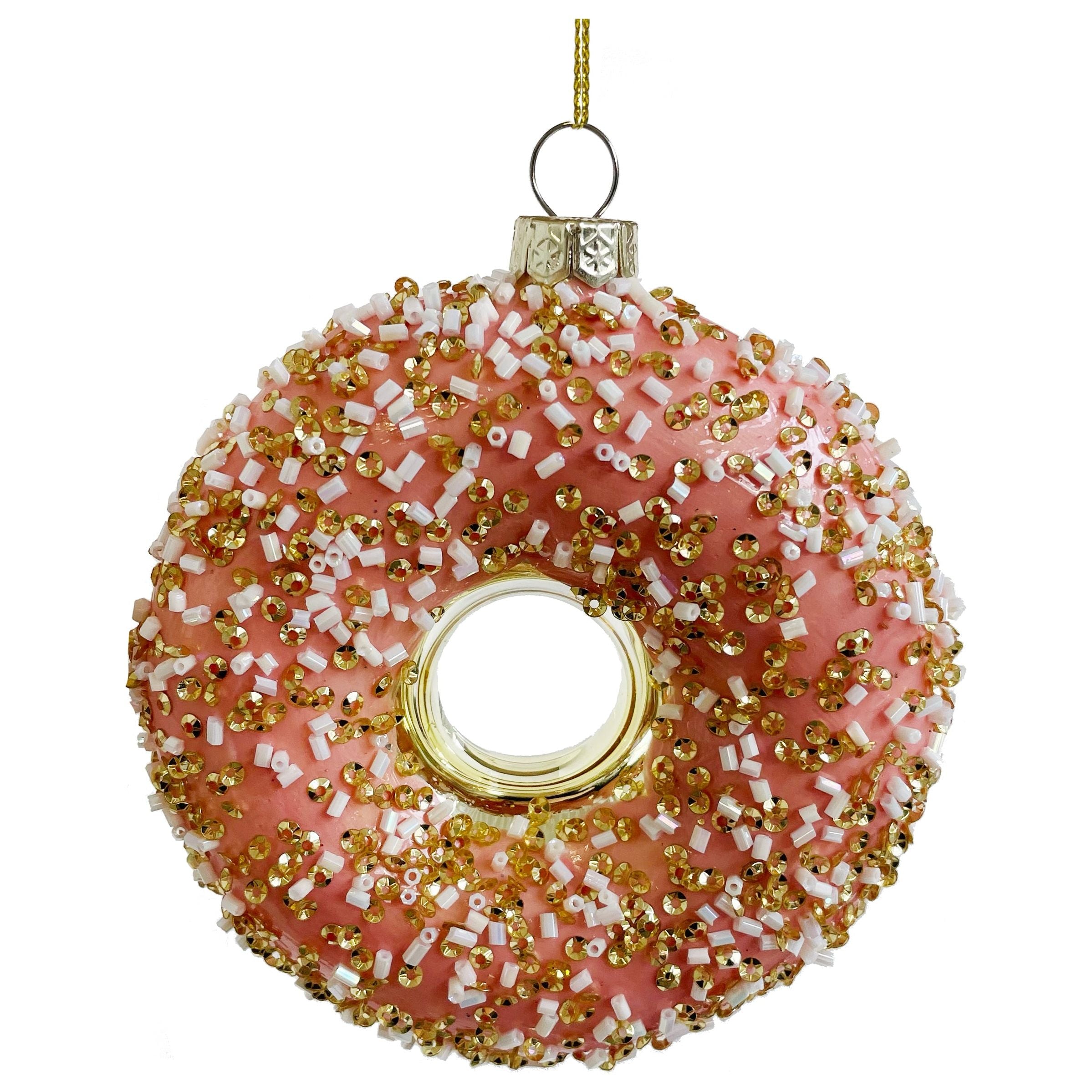 Glass doughnut Christmas tree ornament, with glitter, 10 cm