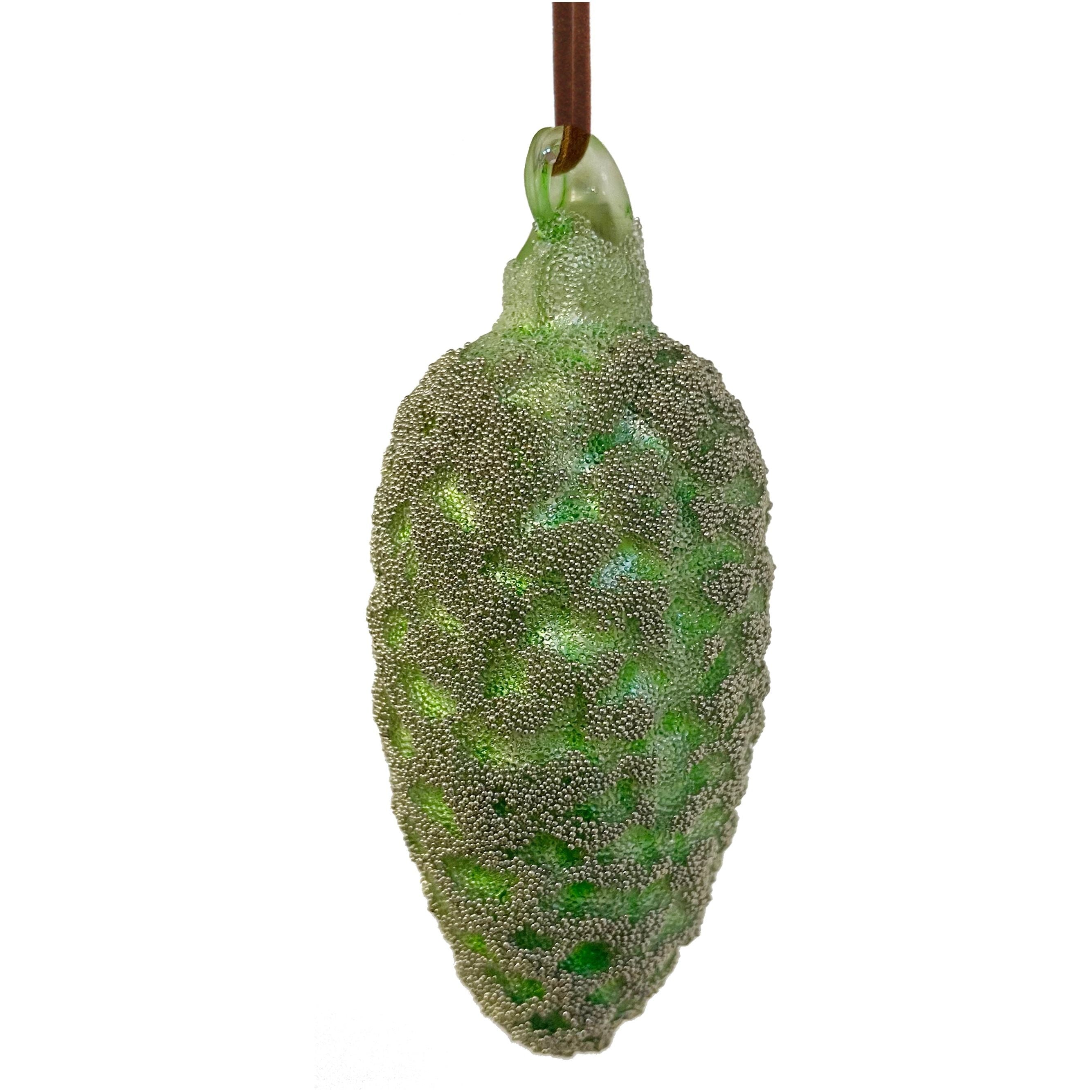 Stiklinis kankorėžis, žalias, su karoliukais 7cm
