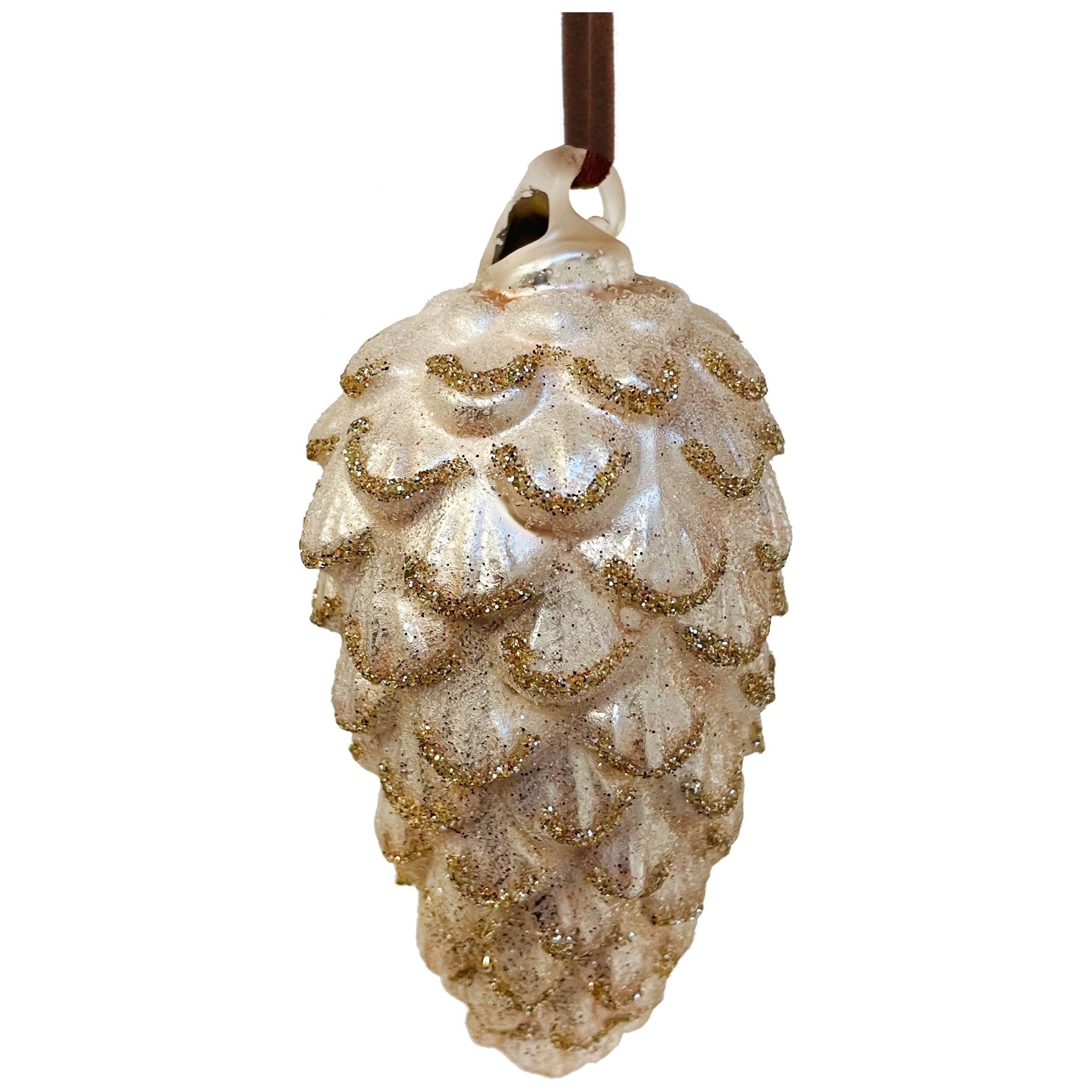 Glass pine cone, pink with glitter 8.5cm