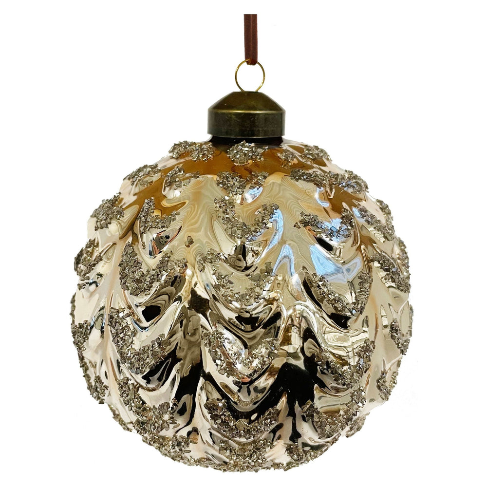 Christmas tree decoration, gold bauble, glass, with glitter 10 cm