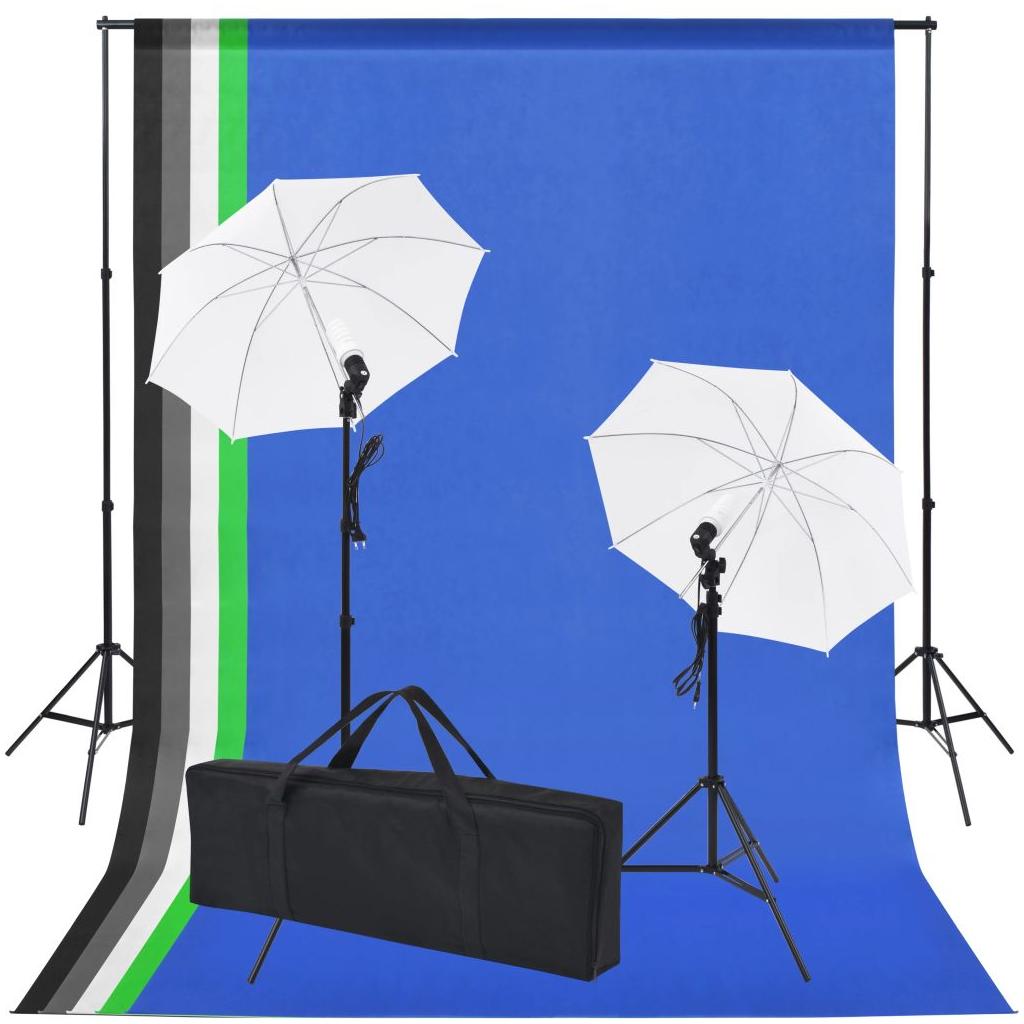 Fotostudijos rinkinys: 5 spalvoti fonai ir 2 skėčiai