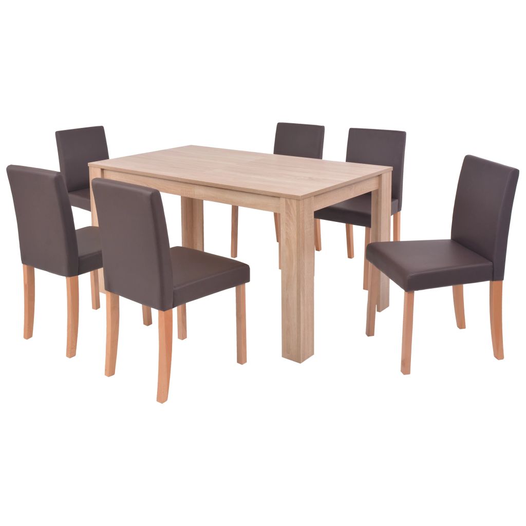 Valgomojo stalas ir kėdės, 7vnt., dirbtinė oda, ąžuolas, ruda