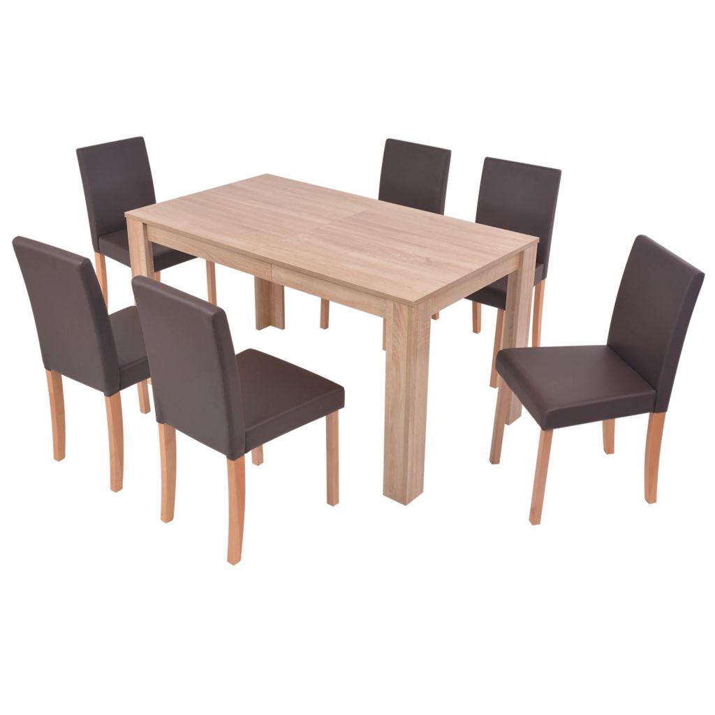 Valgomojo stalas ir kėdės, 7vnt., dirbtinė oda, ąžuolas, ruda