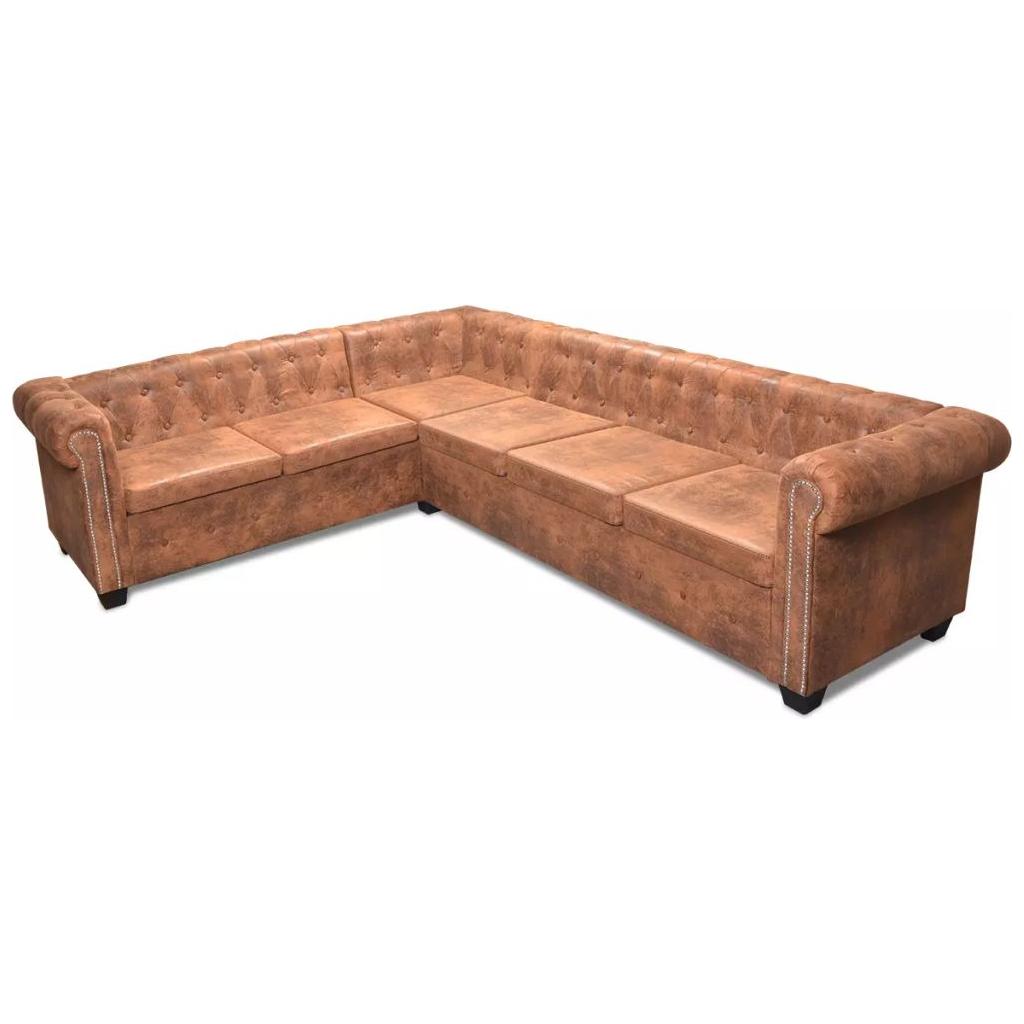 Chesterfield kampinė šešiavietė sofa, dirbtinė oda, ruda