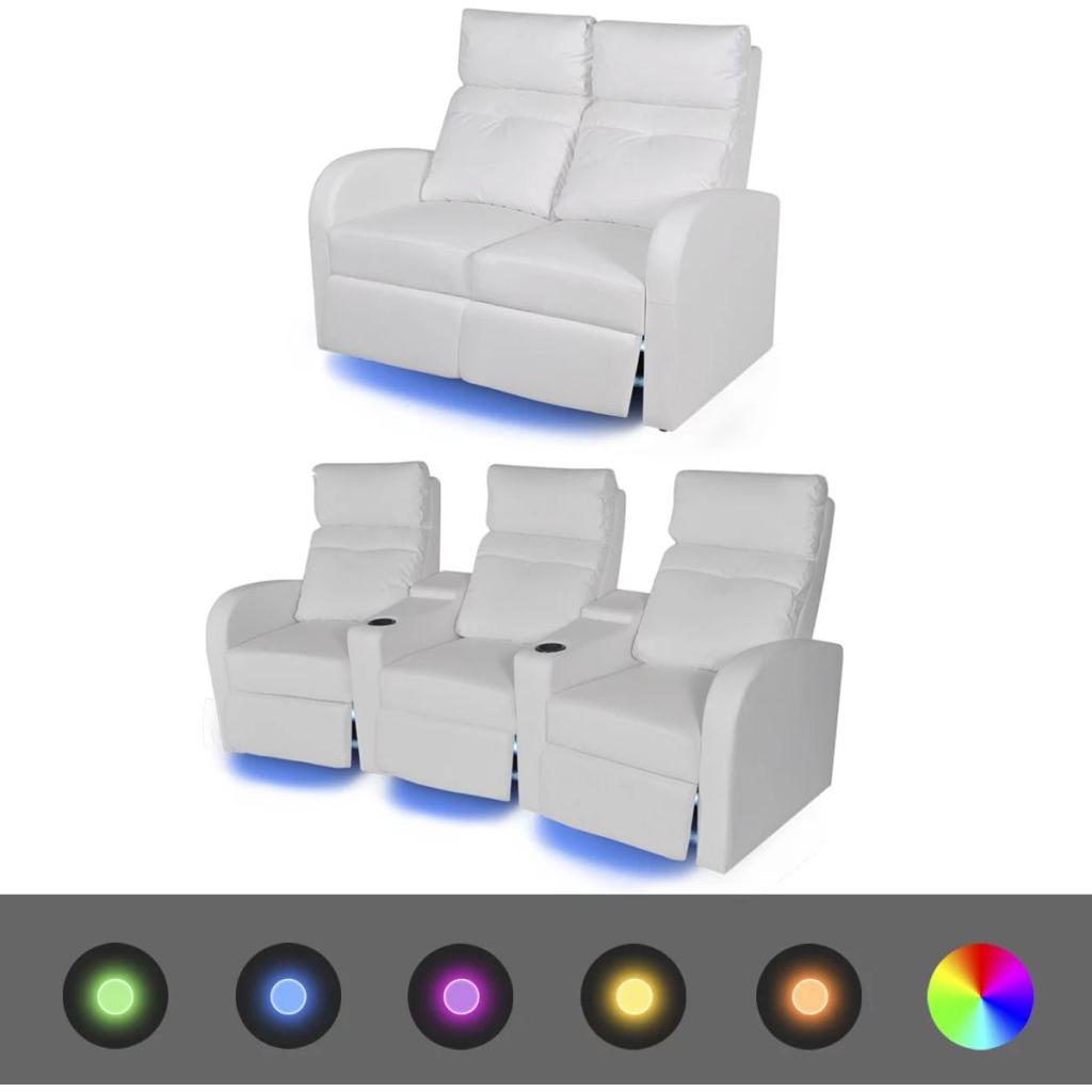 Krėslų reglainerių komplektas su LED, dirbtinė oda, baltas