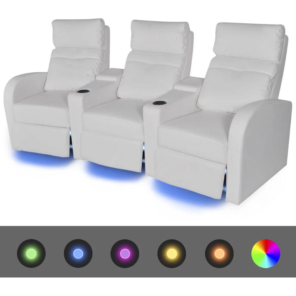 Krėslų reglainerių komplektas su LED, dirbtinė oda, baltas