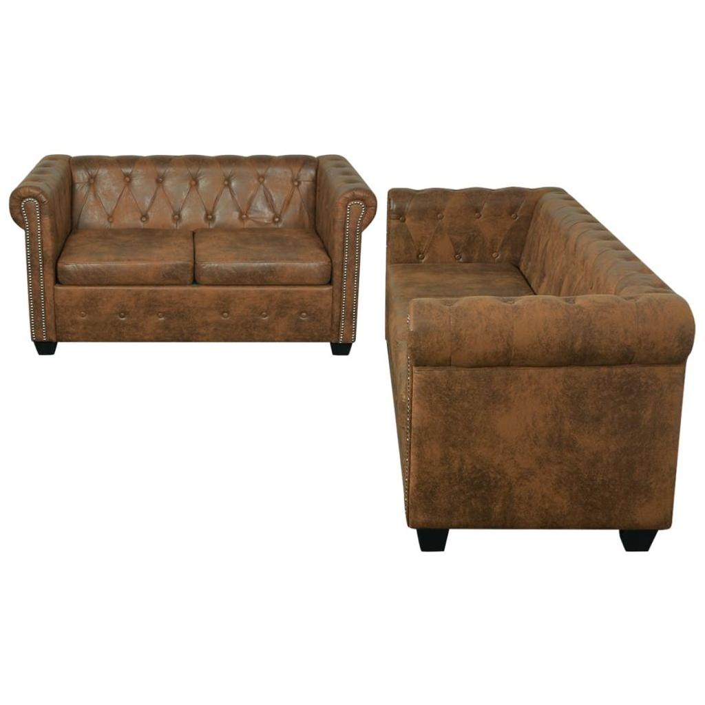 Chesterfield 2-vietės ir 3-vietės sofų komplektas, ruda dirbtinė oda
