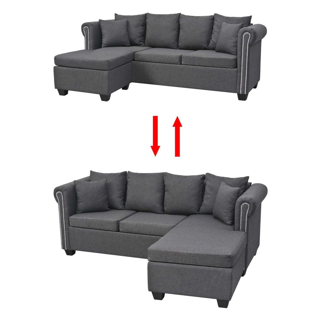 L-formos sofa, audinys, 200x140x73 cm, tamsiai pilka