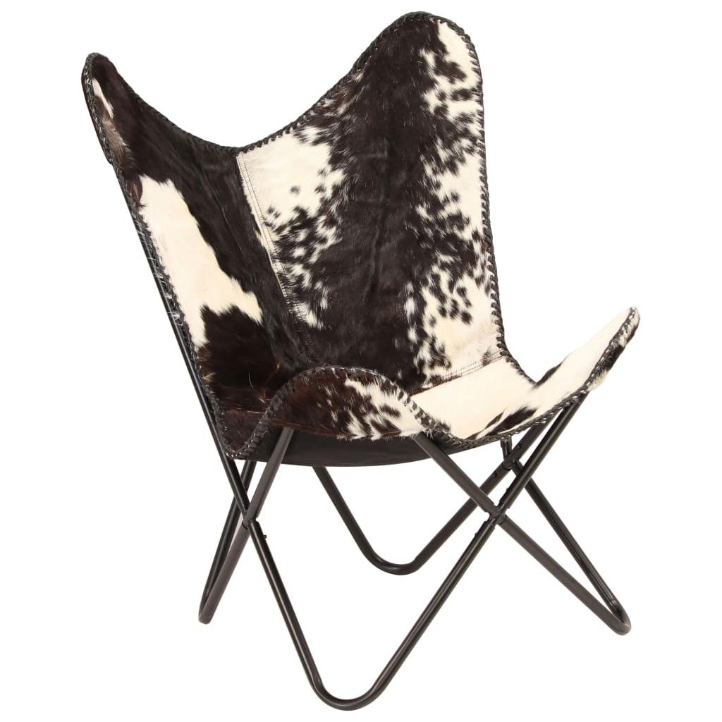 Drugelio formos kėdė, tikra ožkos oda, juoda ir balta
