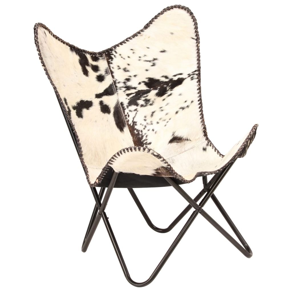 Drugelio formos kėdė, tikra ožkos oda, juoda ir balta