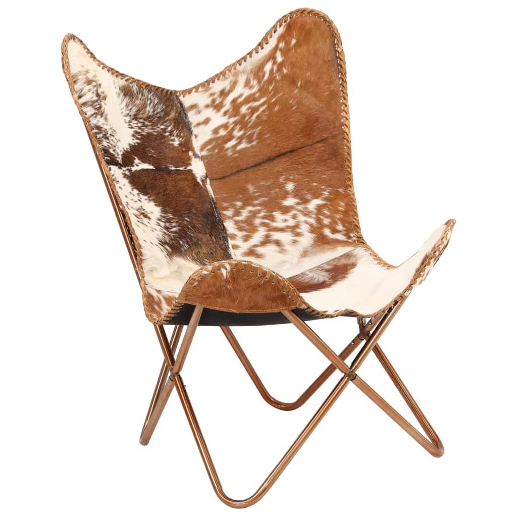 Drugelio formos kėdė, tikra ožkos oda, ruda ir balta