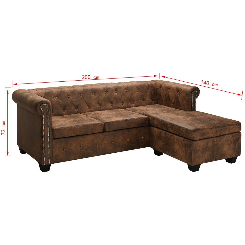 L-formos Chesterfield sofa, dirbtinė zomšos oda, ruda