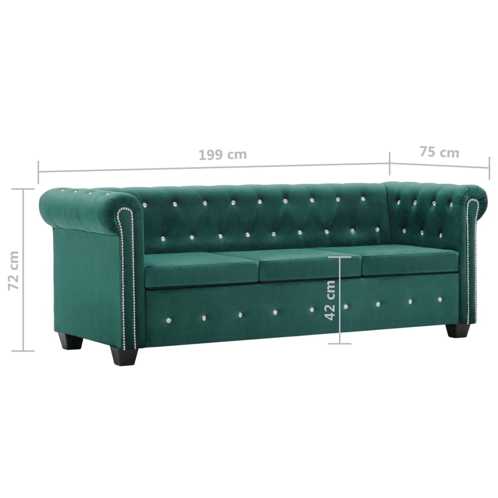 Triv. Chesterfield sofa, aksominis apmuš., 199x75x72cm, žalia
