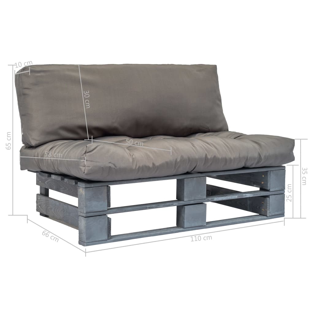 Sodo sofa iš palečių su pilk. sp. pagalvėlėmis, FSC puš. med.