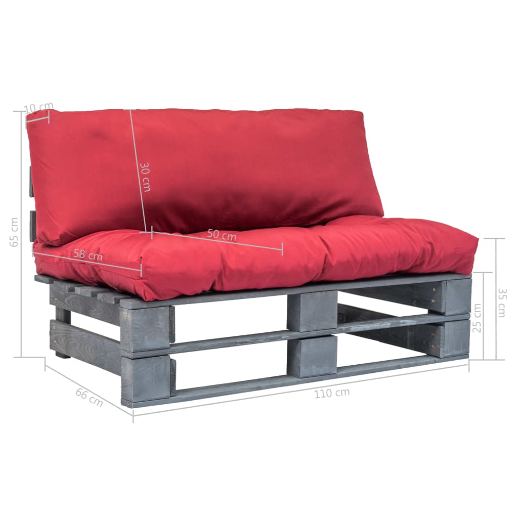 Sodo sofa iš palečių su raud. sp. pagalvėlėmis, FSC pušies med.