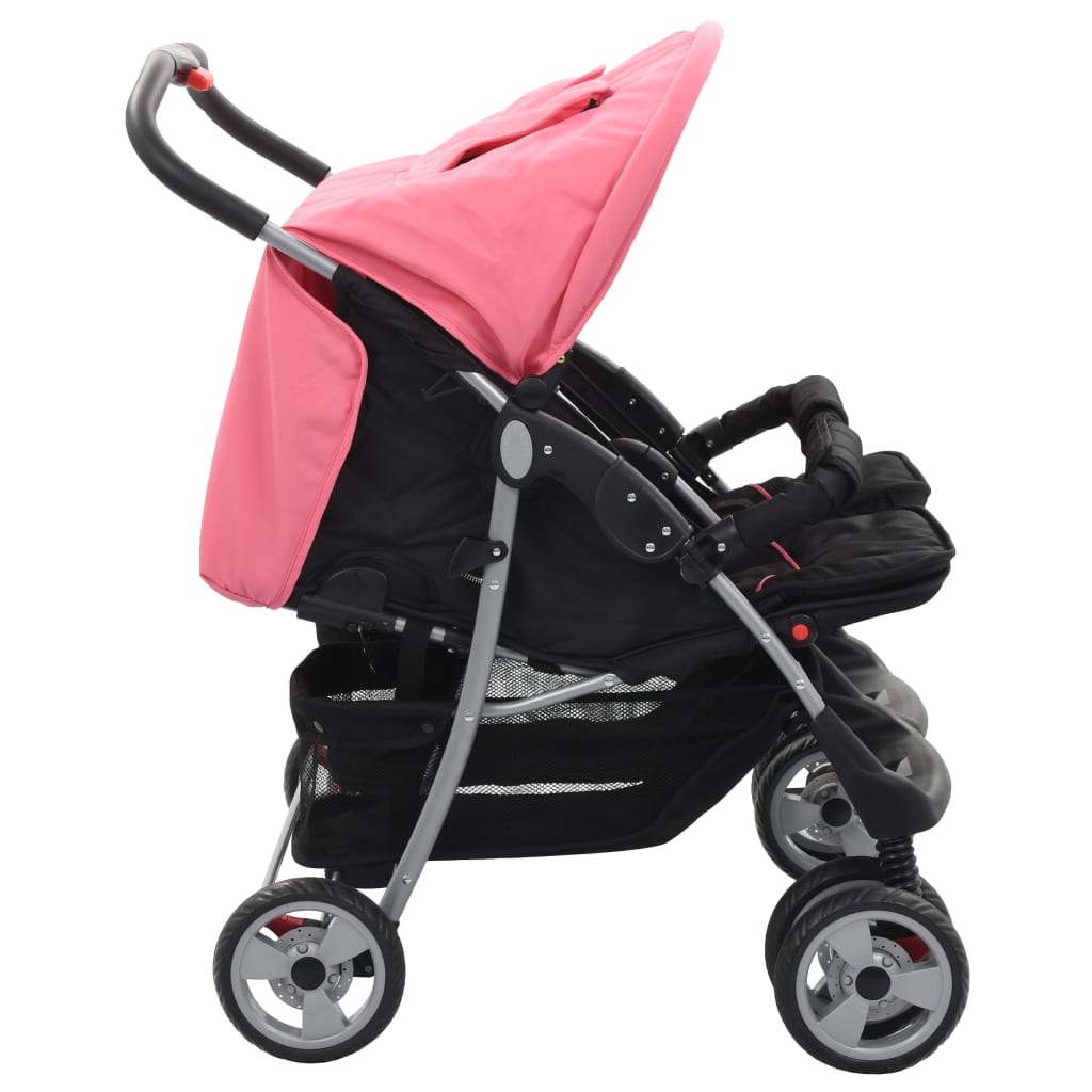 Vaikiškas vežimėlis dvynukams, rožinės ir juodos spal., plienas