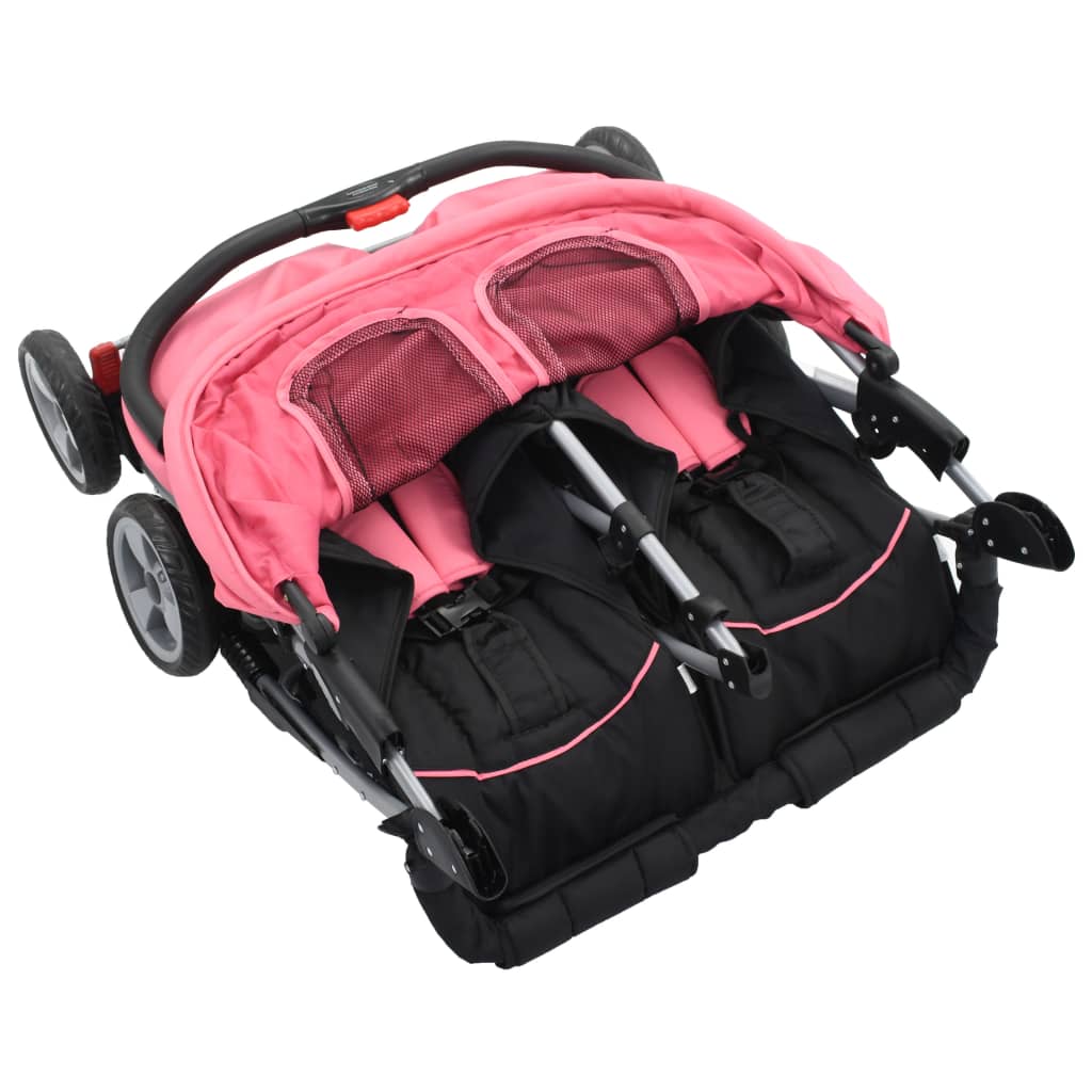 Vaikiškas vežimėlis dvynukams, rožinės ir juodos spal., plienas
