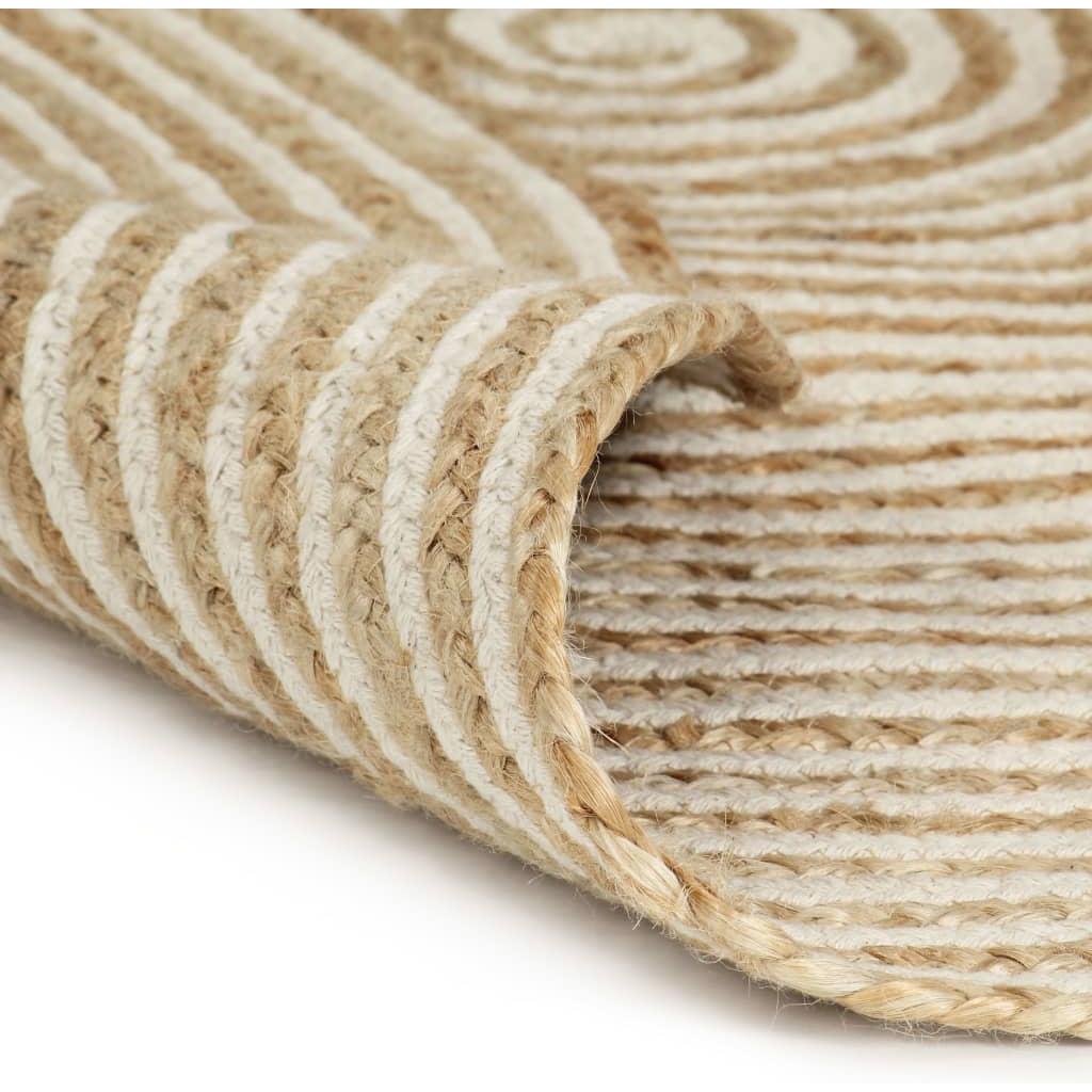 Kilimas, baltos sp., 90cm, džiutas, rankų darbo, spiralės diz.