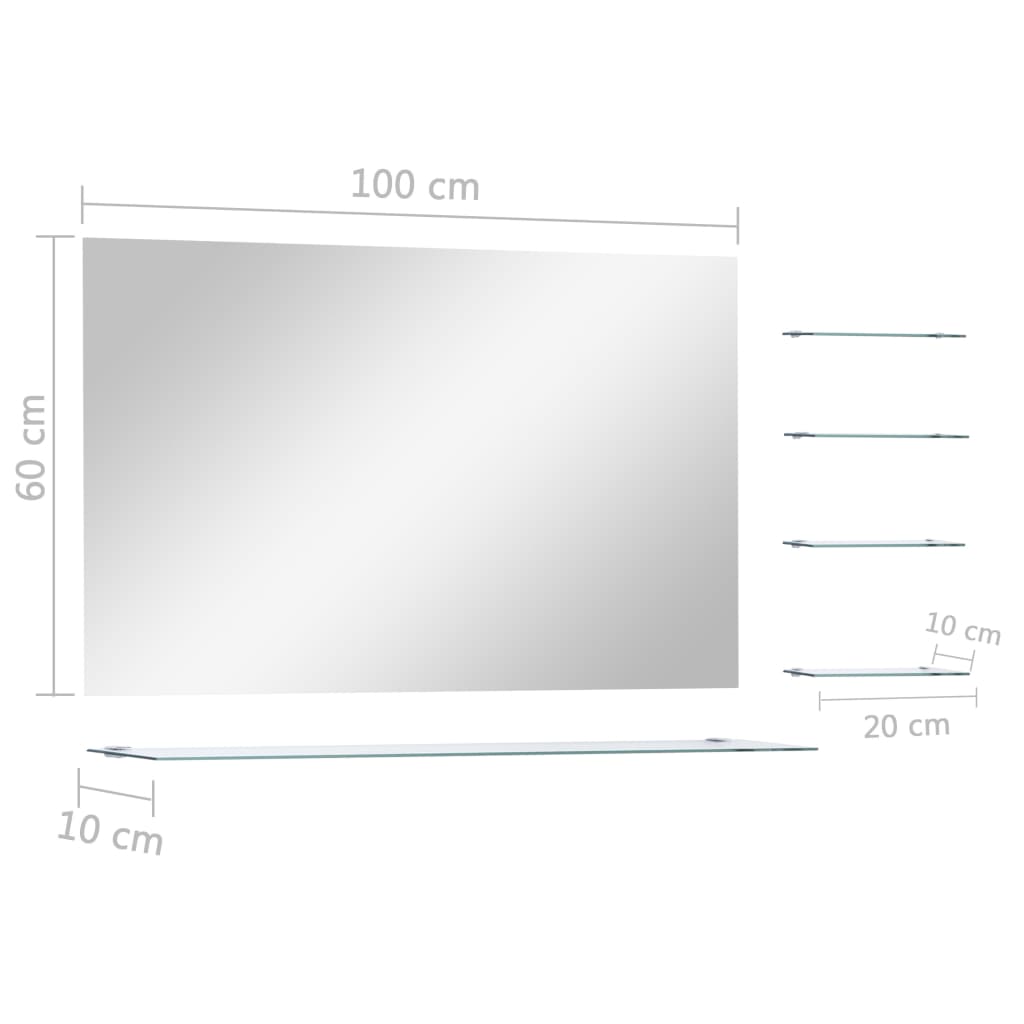 Sieninis veidrodis su 5 lentynomis, sidabrinis, 100x60cm