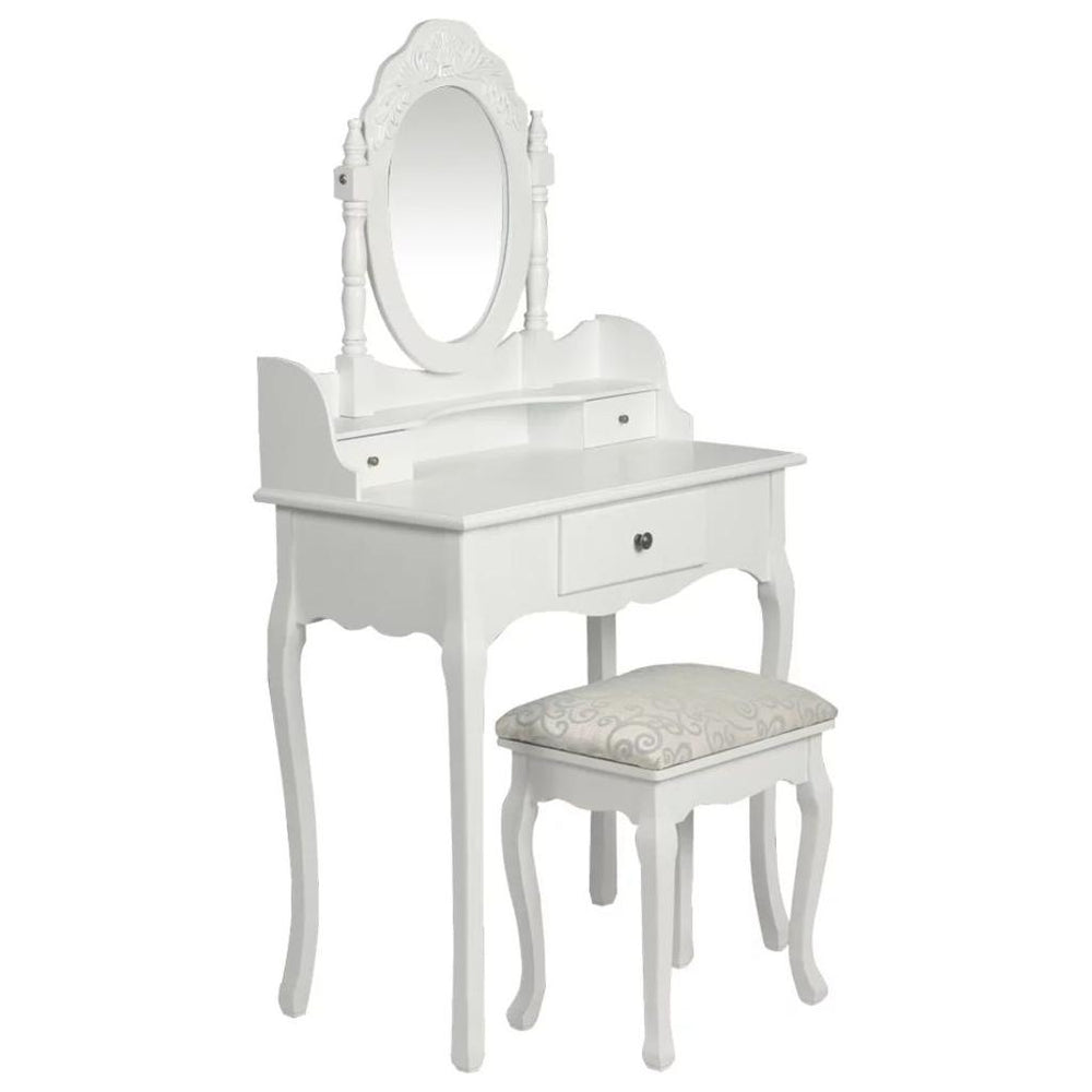 Kosmetinis staliukas su veidrodžiu ir kėdute, baltos spalvos