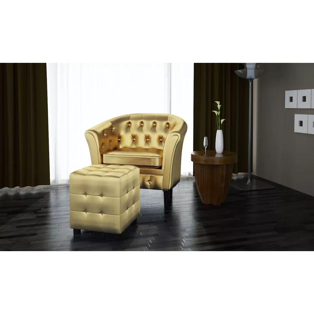 Fotelis su kėdute kojoms, dirbtinė oda, aukso spalvos
