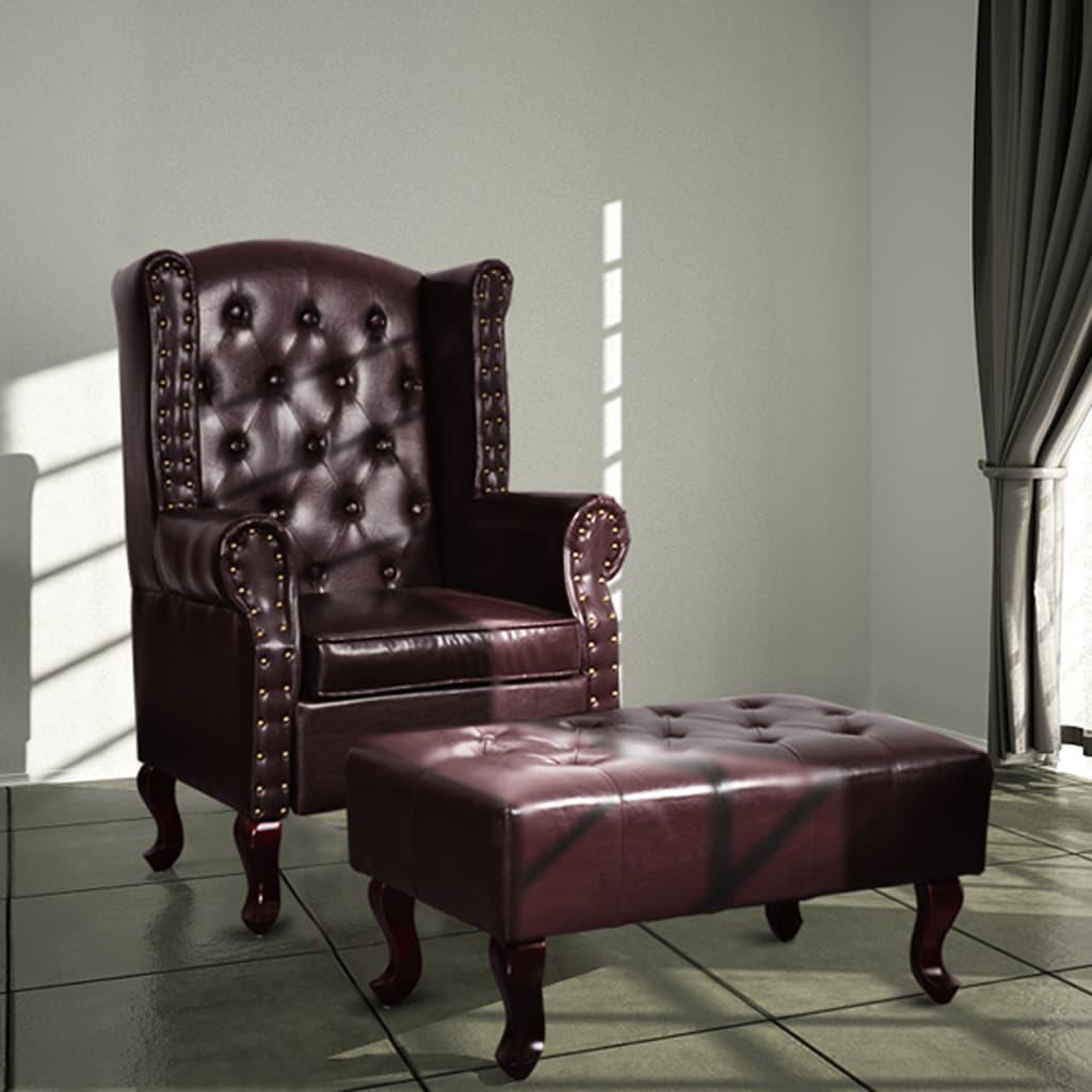Fotelis su kėdute kojoms, dirbtinė oda, tamsiai rudas