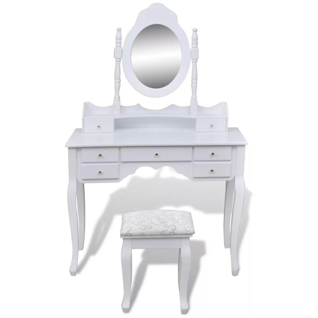 Kosmetinis staliukas su veidrodžiu ir kėdute, 7 stalčiai, baltas