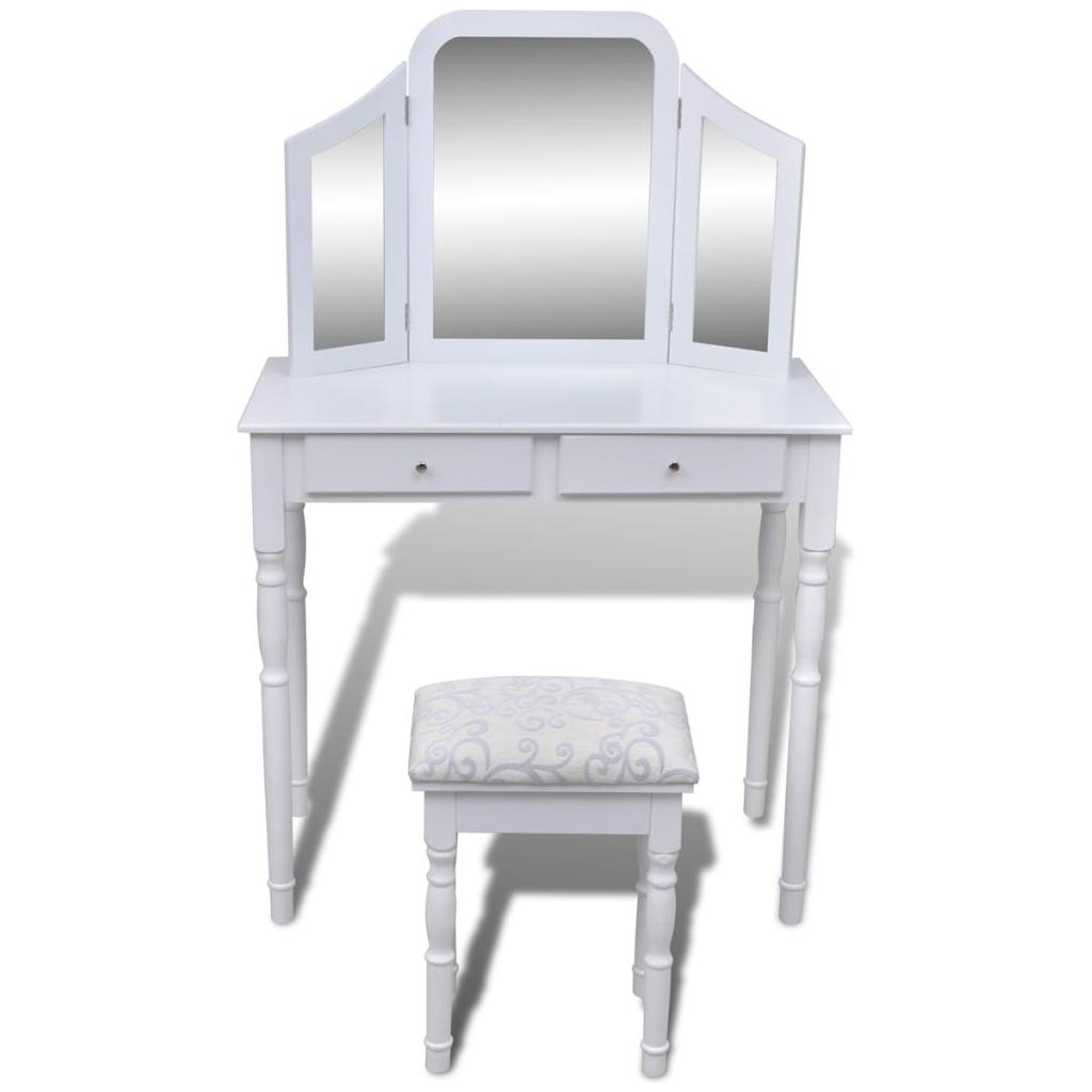 Kosmetinis staliukas 3-1, su veidrodžiu ir kėdute, 2 stalčiai, baltas