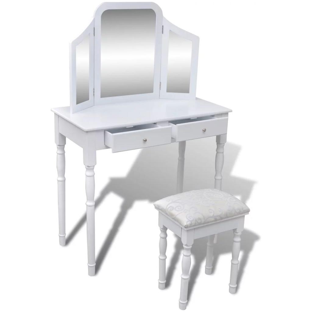 Kosmetinis staliukas 3-1, su veidrodžiu ir kėdute, 2 stalčiai, baltas