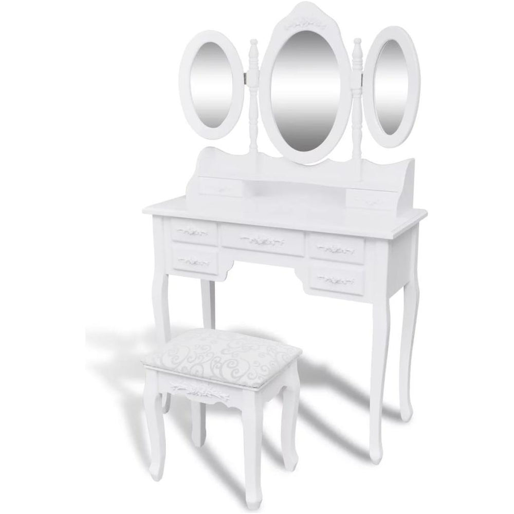 Kosmetinis staliukas su kėdute ir 3 veidrodžiais, baltos sp.