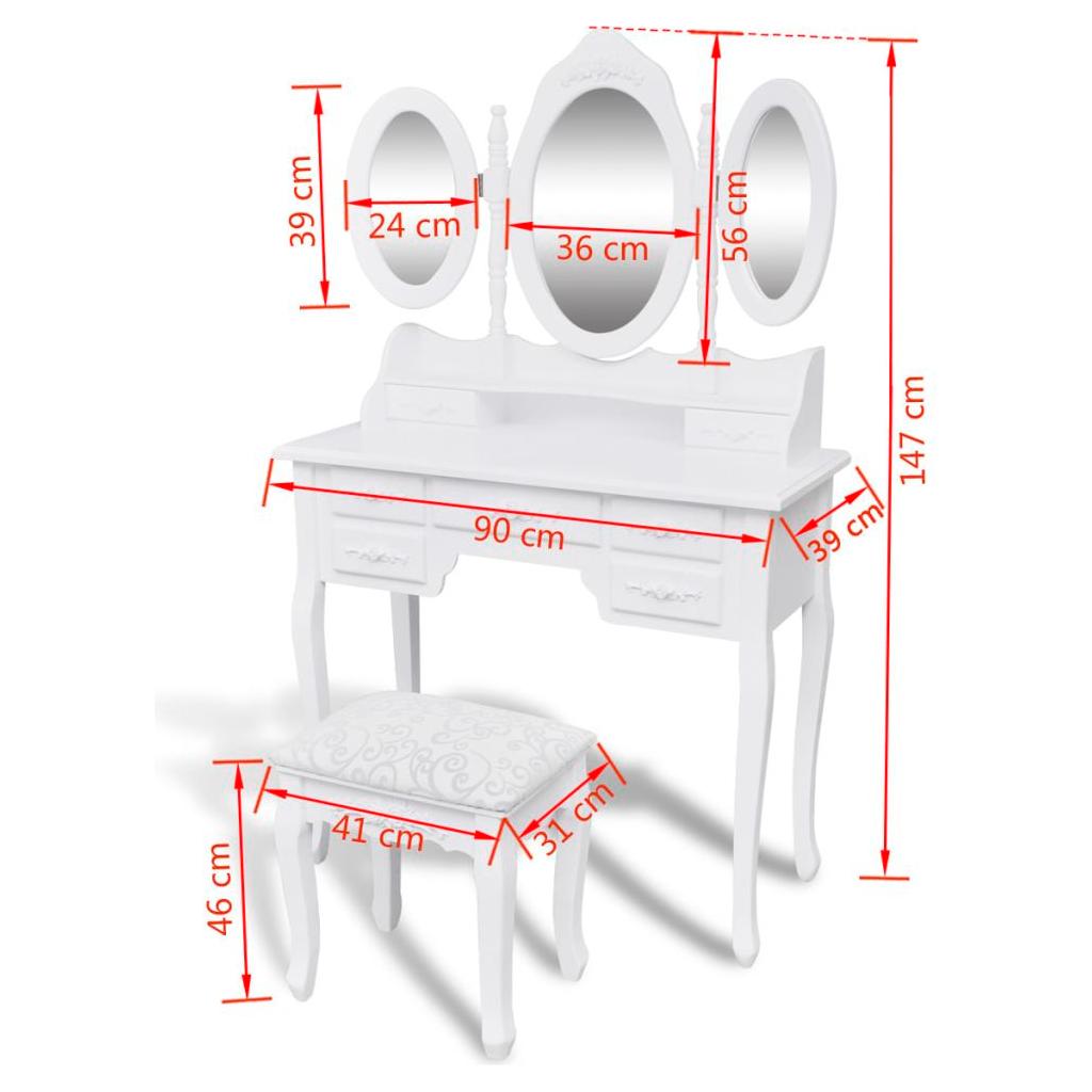 Kosmetinis staliukas su kėdute ir 3 veidrodžiais, baltos sp.