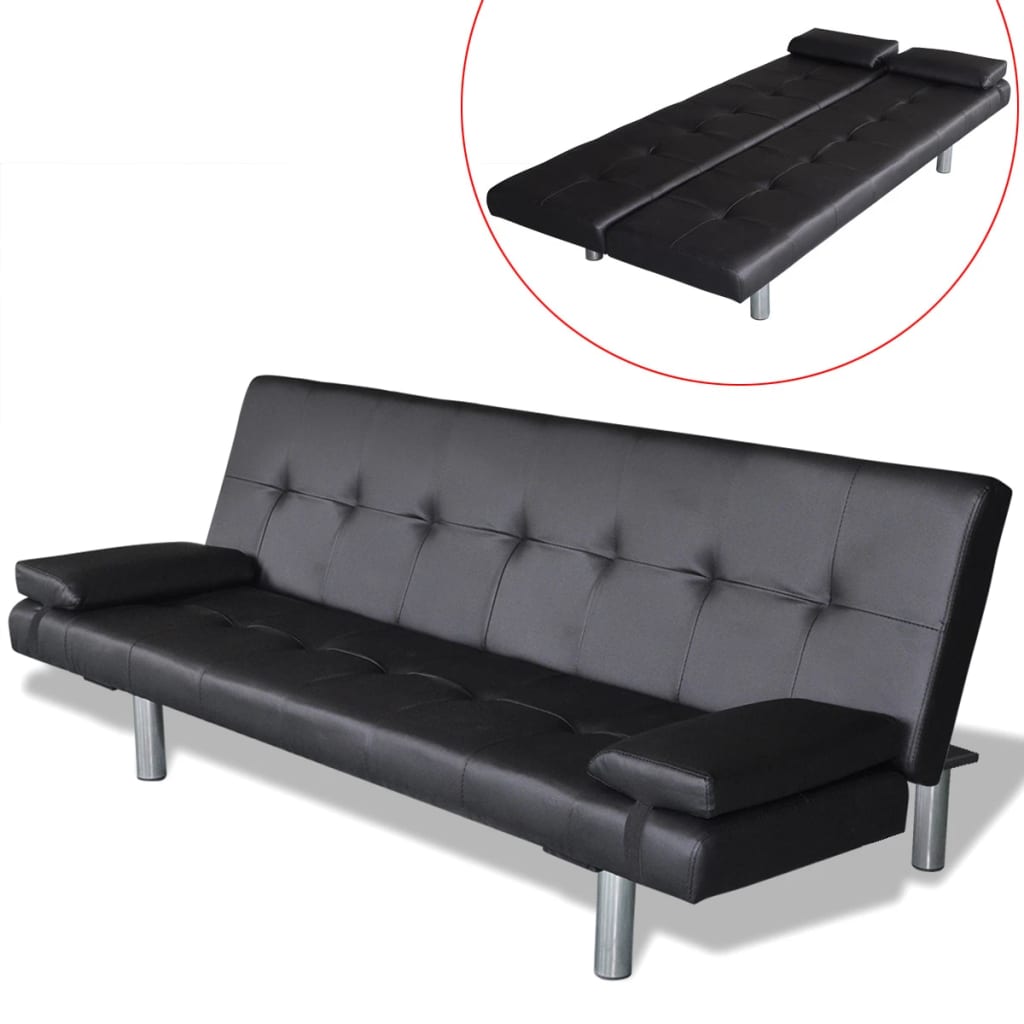 Sofa lova su dviem pagalv., dirbtinė oda, reguliuoj., juoda