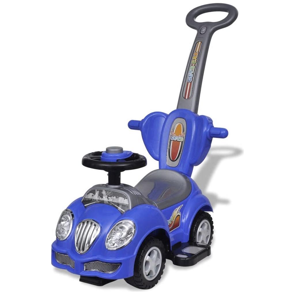 Mėlynas vaikiškas automobilis su stūmimo rankena